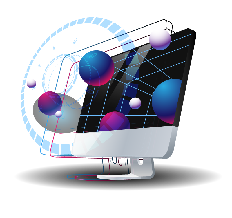 Immagine illustrata decorativa monitor e colori in 3d